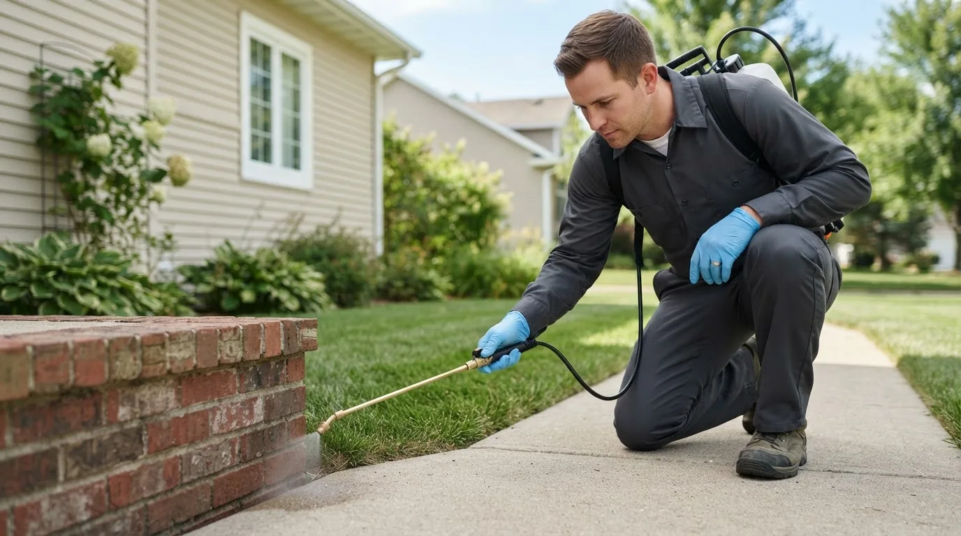Pest control technician treating a home near Bridgeport, NE